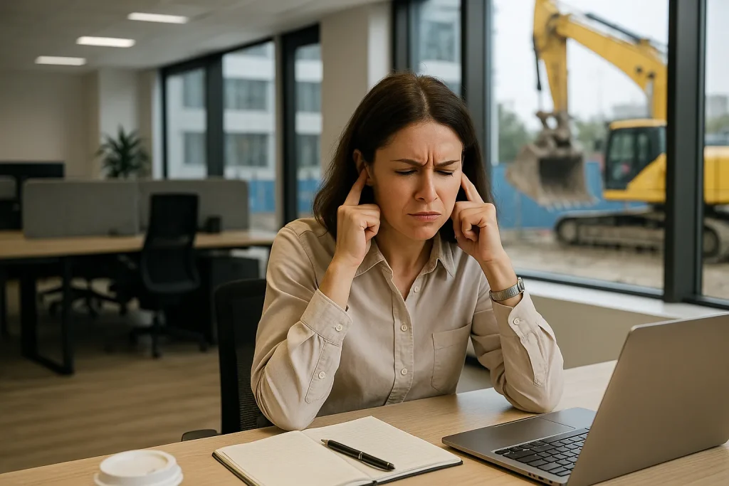 Office cubicles with distance between desks and construction noise affecting communication at office