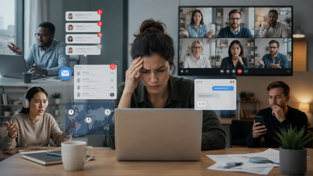 Stressed employees dealing with emails, chat notifications, video calls, and remote work communication problems.