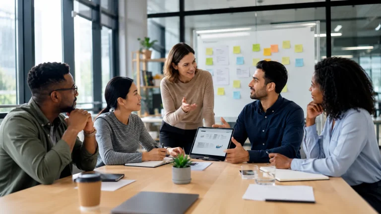 Diverse team discussing ideas in a modern office to show effective workplace communication, active listening, and teamwork.