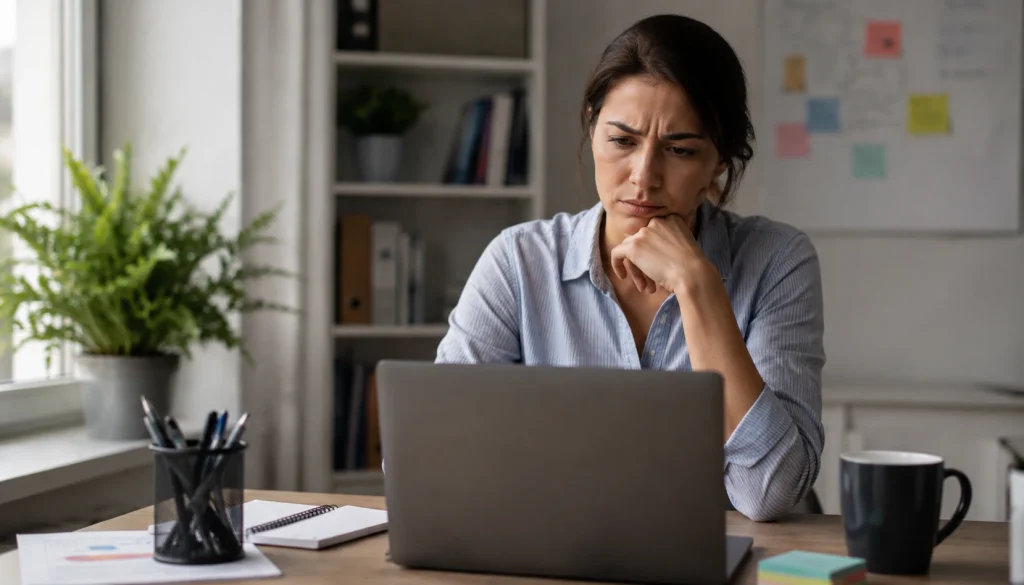 Remote worker looking concerned while reading an unclear work message on a laptop