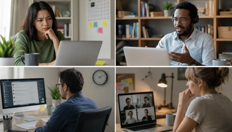 Remote workers using laptops and video calls while facing communication barriers in a distributed team