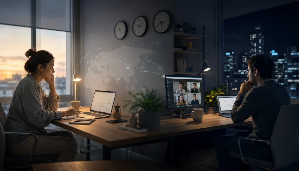 Remote professionals working across different time zones with laptops, clocks, and virtual meeting screens