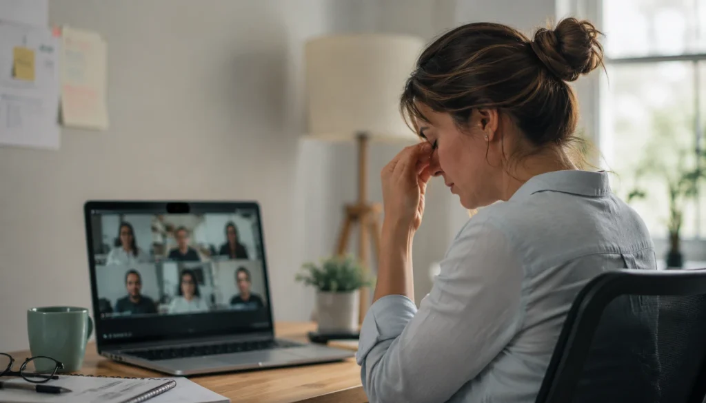 Tired remote employee rubbing her eyes during a long video meeting on a laptop